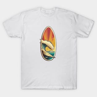 Surfboard with a Retro Vintage Wave Design T-Shirt